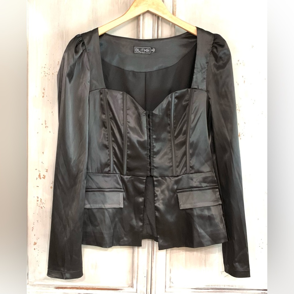 Blithe LA Black Satin Romantic Puff Sleeve Top Sz M